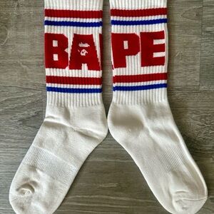 BAPE // A Bathing Ape Striped Crew Socks • Cream/Red/Blue • Size Large • BNWT